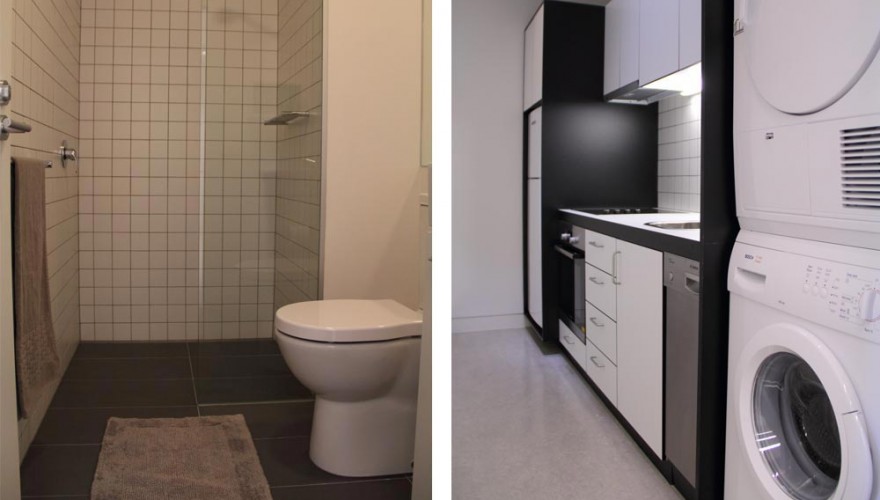 Artist apartment bathroom and kitchen