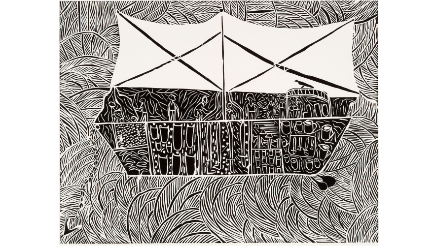 'The-Maccasan Prahu' linocut by Dhuwarrarr Marika
