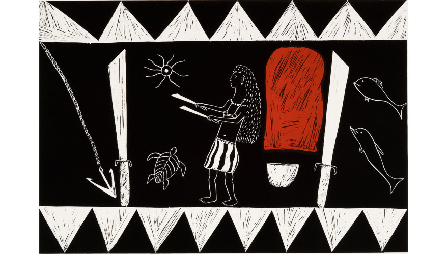 'Gawarrk (Woman turned into rock)' linocut by Dulamari (Djalind Yunupingu)